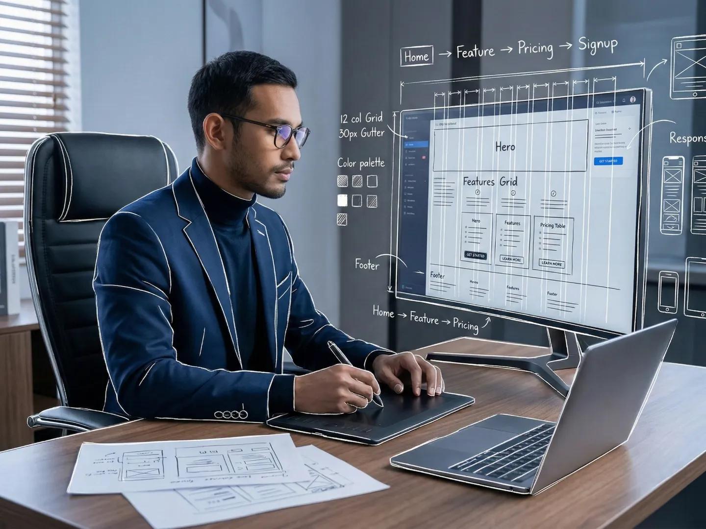 A designer works on a graphics tablet at his laptop creating a web design with visible layouts and guides