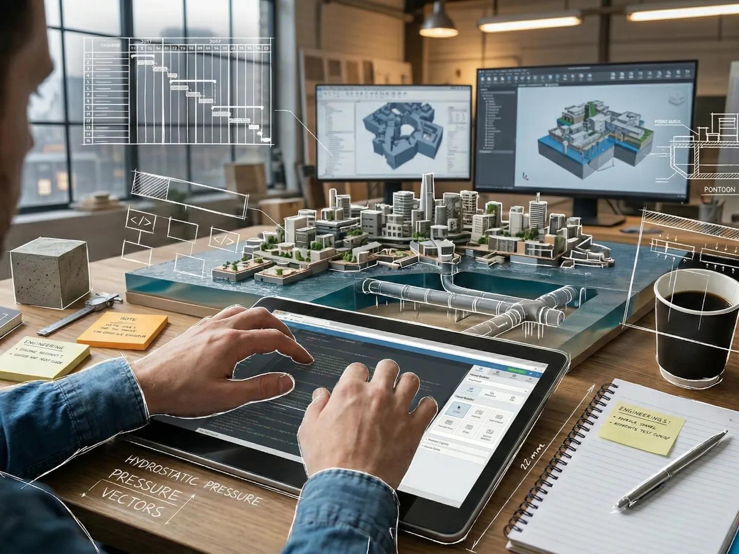 Hands use a tablet with code and urban design showing a detailed city model with technical plans on modern 3D screens