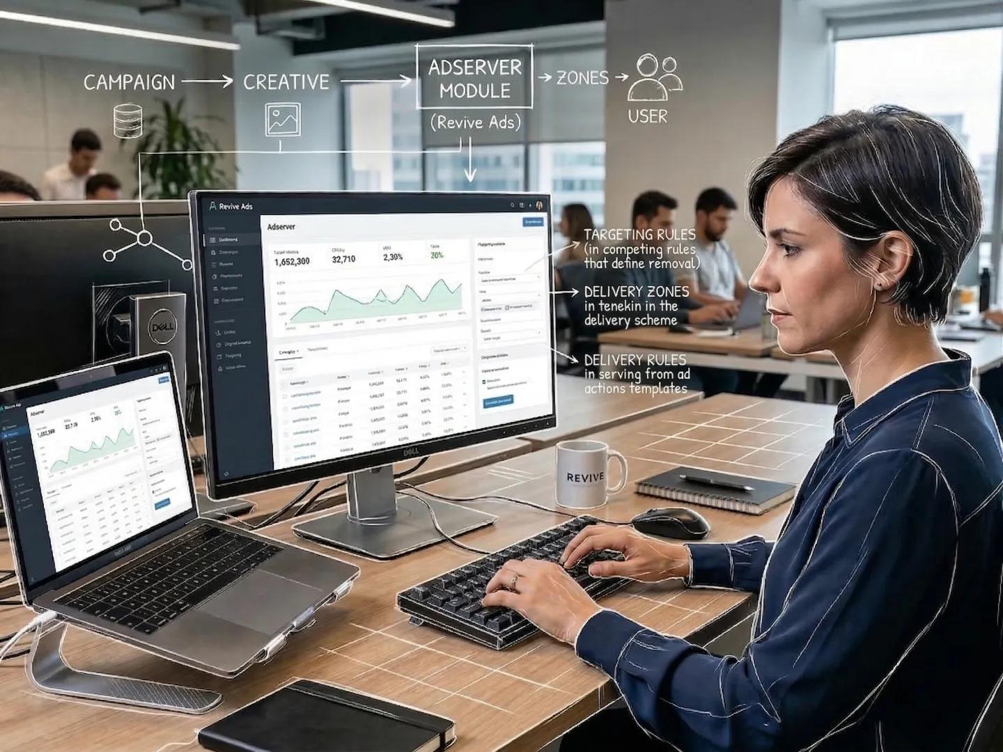 A woman works in an office with data from Revive Ads, while an overlay diagram explains the ad flow.