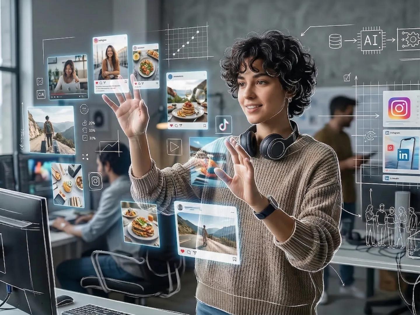 A woman with headphones in a modern office, surrounded by interactive floating social media and AI interface diagrams.
