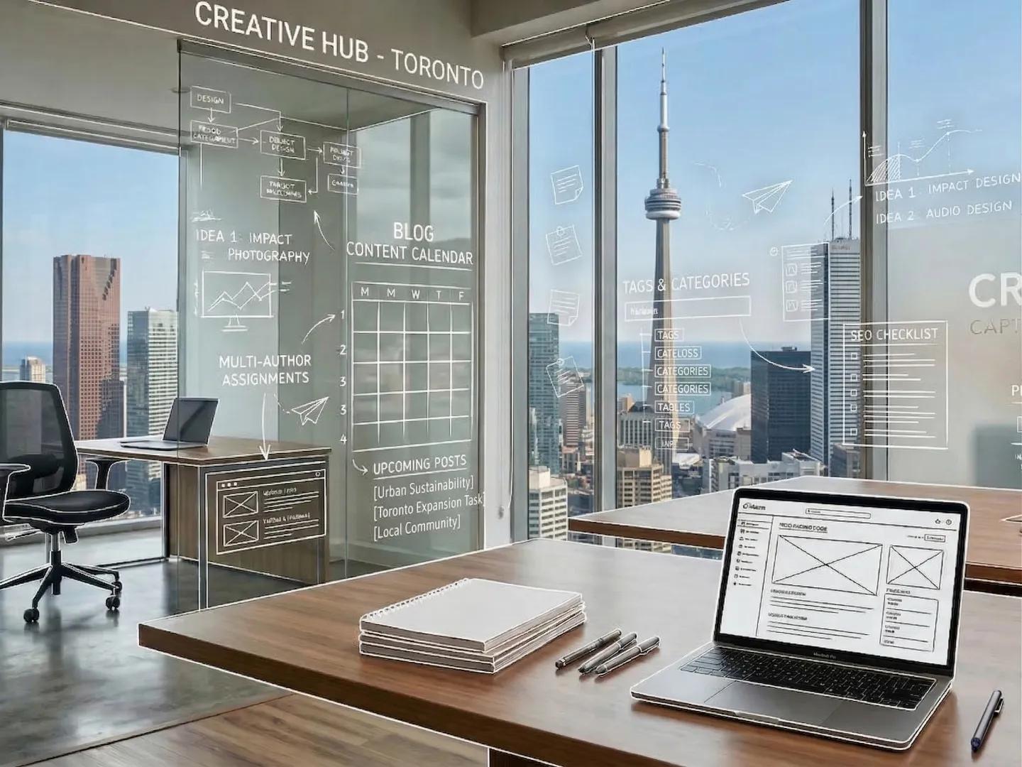 Laptop, notebooks, and extensive AR content-planning overlays on windows overlooking the Toronto CN Tower.