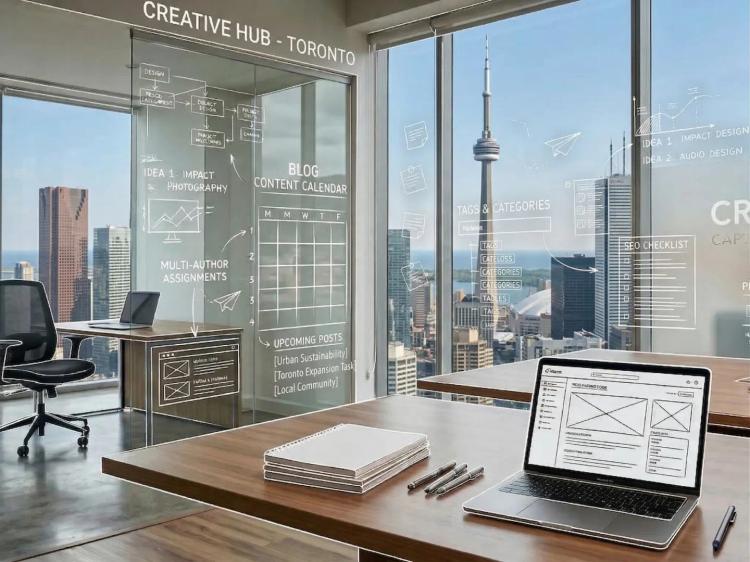 Laptop, notebooks, and extensive AR content-planning overlays on windows overlooking the Toronto CN Tower.