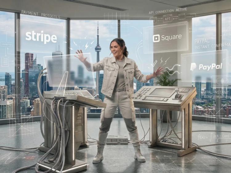 A woman in a futuristic room interacts with floating payment holograms against a sunny Toronto skyline background.
