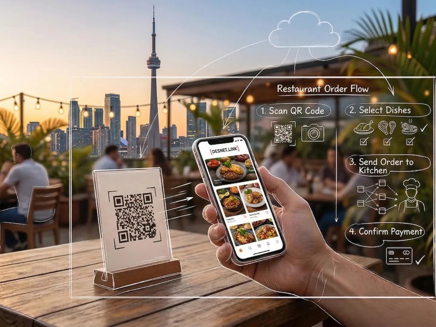 Hand scanning a QR code for a food ordering app on a Toronto rooftop patio with city views and overlays.