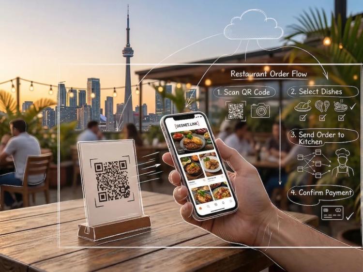 Hand scanning a QR code for a food ordering app on a Toronto rooftop patio with city views and overlays.