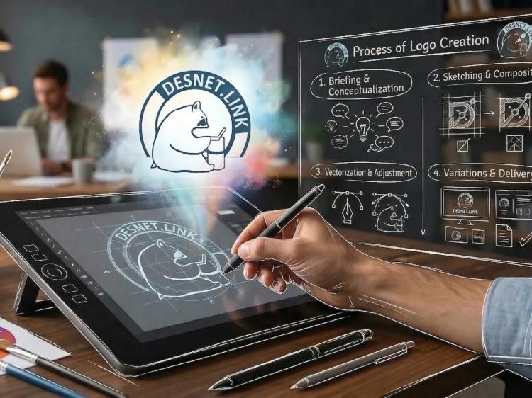 Designer draws a bear logo on a digital tablet, with a floating 3D version and English process steps shown nearby.