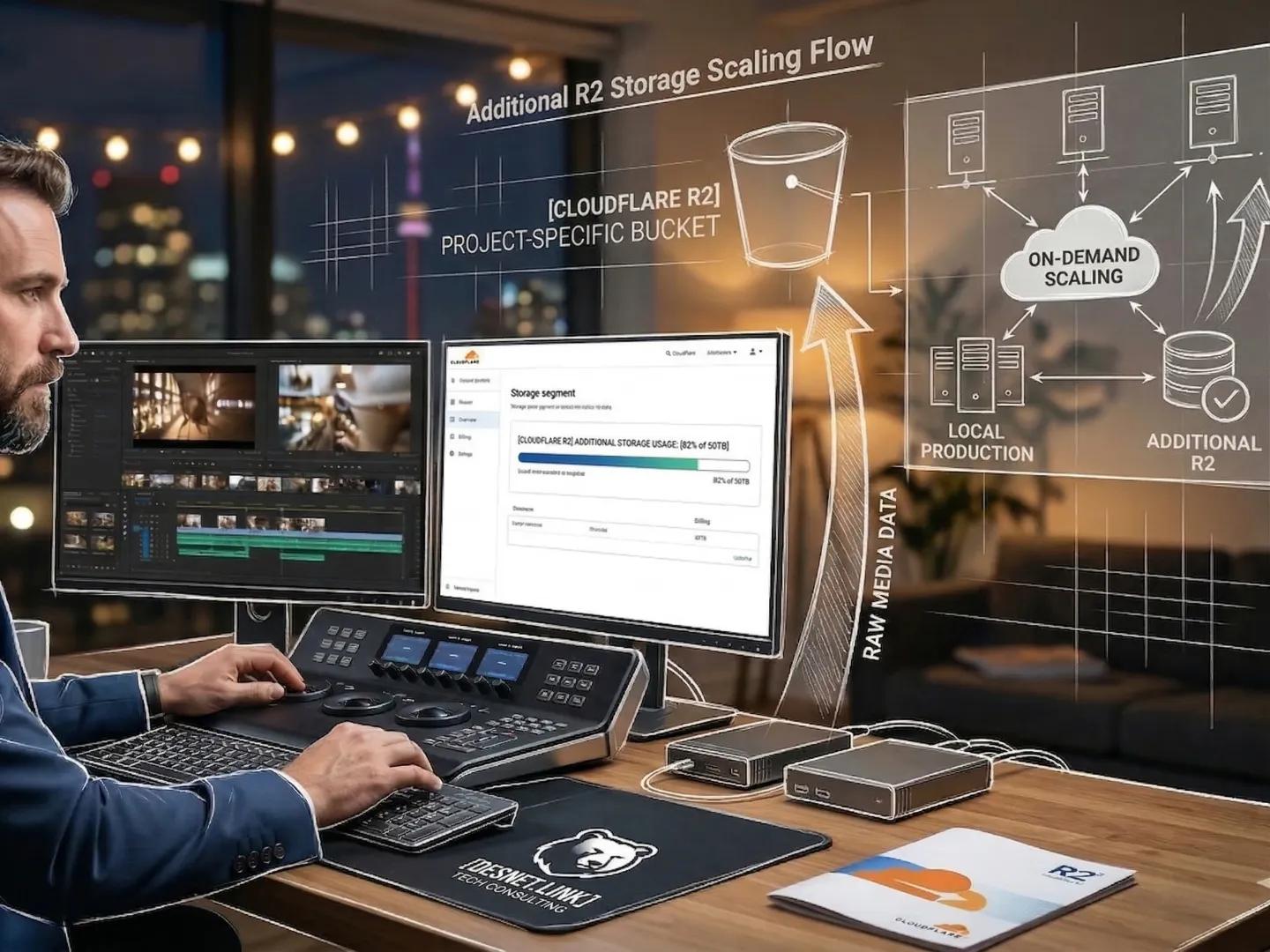 Man at a multi-monitor editing console uses AR overlays explaining Cloudflare R2 storage scaling for video.