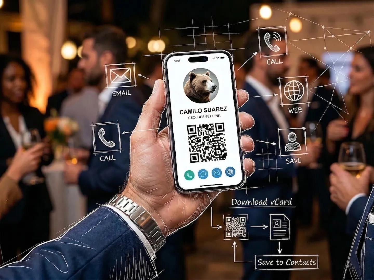 A hand holds a phone with a QR code at a gala, showing digital contact icons like "Email," "Call," and "Save" in English.