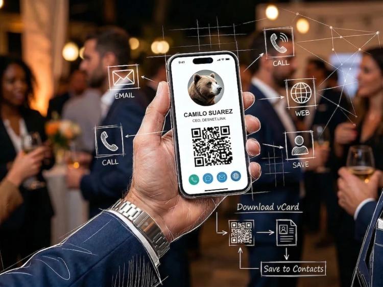 A hand holds a phone with a QR code at a gala, showing digital contact icons like "Email," "Call," and "Save" in English.
