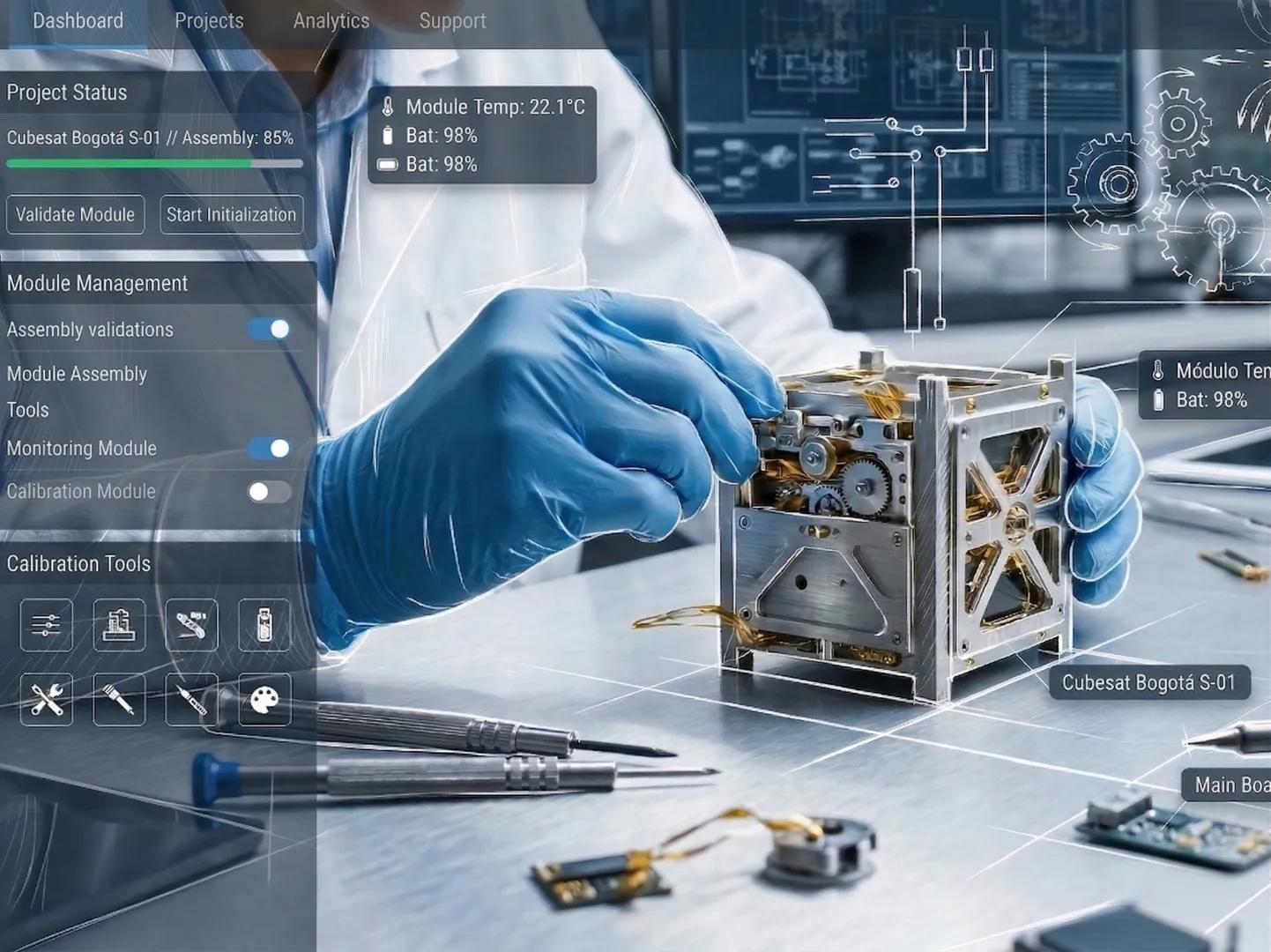 Engineer assembling a Cubesat with a digital HUD showing project status, module management, and live telemetry data