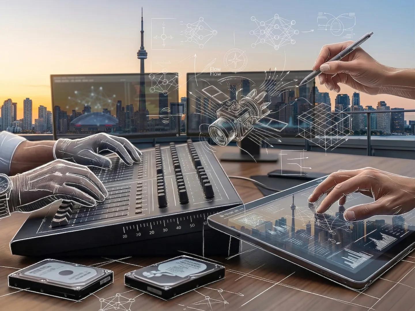 Hands using a control board and tablet with white holographic satellite diagrams over the Toronto skyline at dusk.