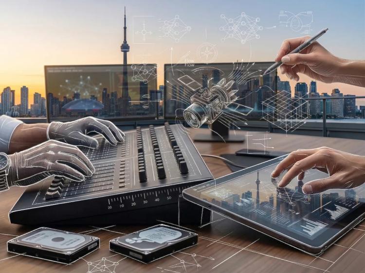 Hands using a control board and tablet with white holographic satellite diagrams over the Toronto skyline at dusk.