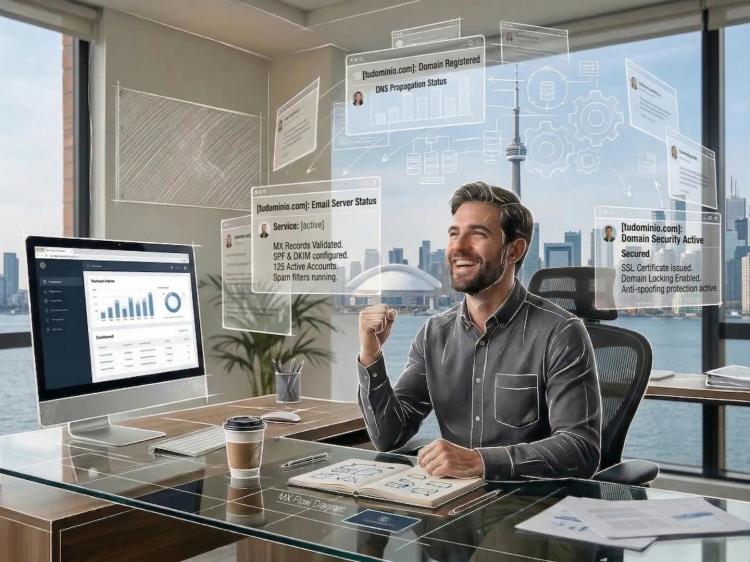 Man at a desk with floating transparent AR screens and intricate holographic system schematics.