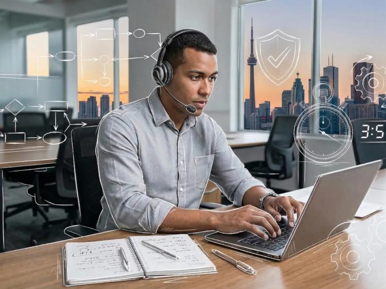 Man with a headset types on his laptop in a modern office surrounded by holograms, with Toronto in the background