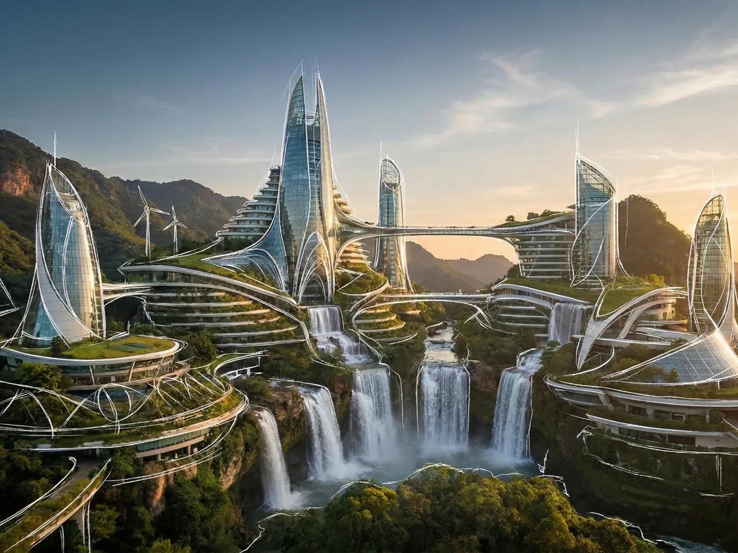 A futuristic eco-friendly city with sleek modern towers, bridges, and terraces integrated into lush mountains and waterfalls